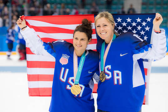 Amanda Pelkey and Gigi Marvin of USA celebrates