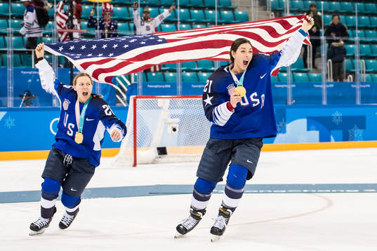 Kendall Coyne of USA and Hilary Knight of USA celebrates