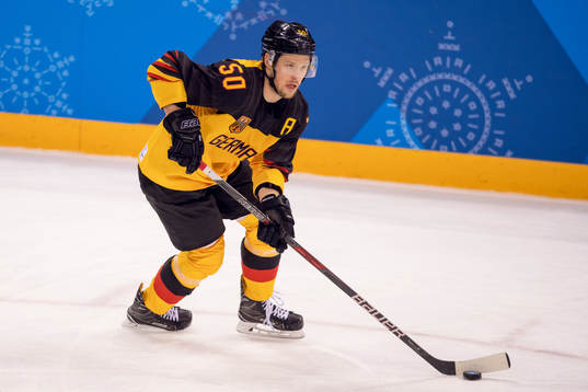 Patrick Hager of Germany in the Men's ice hockey semifinal