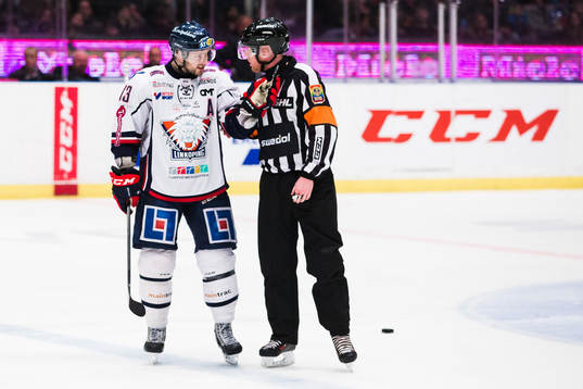 Linköpings Andrew Gordon diskuterar med domare Michael