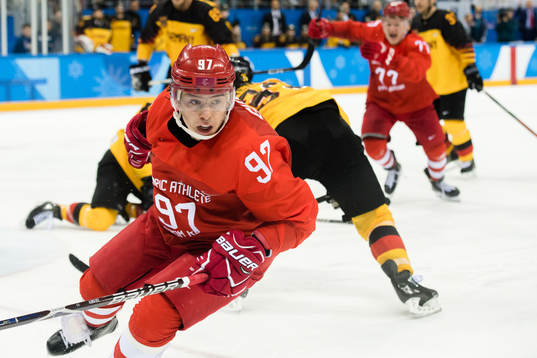 Nikita Gusev Of Russia (OAR) celebrates the 2-1 goal in the