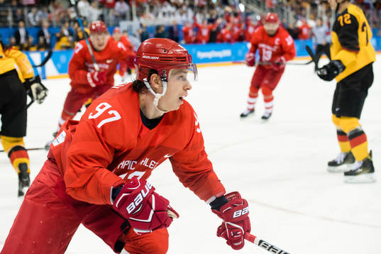 Nikita Gusev Of Russia (OAR) celebrates the 2-1 goal in the
