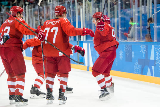 Nikita Gusev Of Russia (OAR) celebrates the 2-1 goal in the