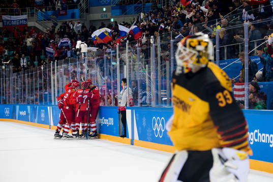 Team Russia (OAR) celebrates the 3-3 goal by Nikita Gusev