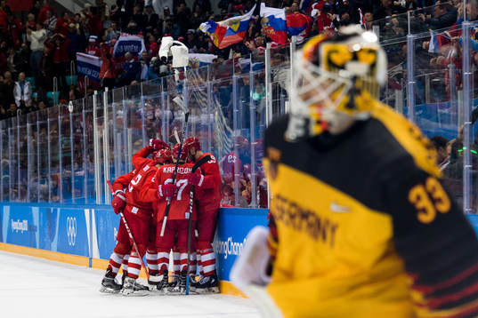 Team Russia (OAR) celebrates the 3-3 goal by Nikita Gusev