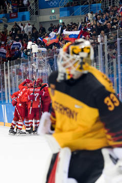Team Russia (OAR) celebrates the 3-3 goal by Nikita Gusev