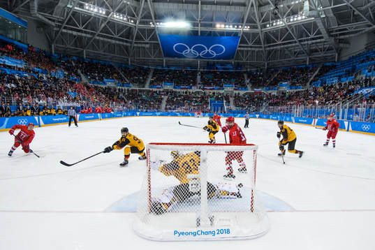 Kirill Kaprizov of Russia (OAR) scores the game winning 4-3