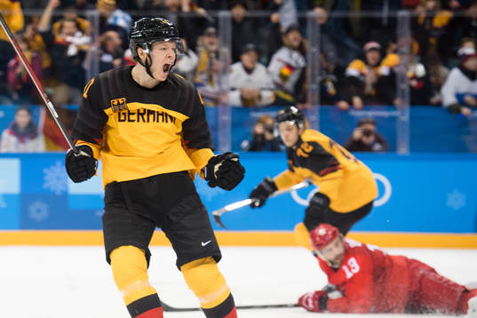Jonas Müller of Germany celebrates the 3-2 goal in the Ice