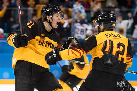 Jonas Müller of Germany celebrates the 3-2 goal in the Ice