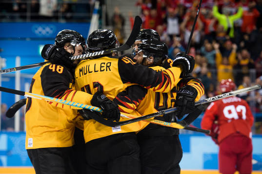 Jonas Müller of Germany celebrates the 3-2 goal in the Ice