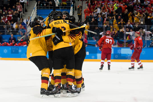 Jonas Müller of Germany celebrates the 3-2 goal in the Ice