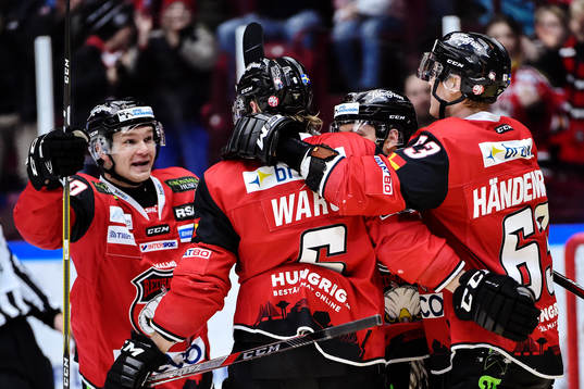 Malmö Redhawks Tobias Ekberg, Stefan Warg (målskytt) och