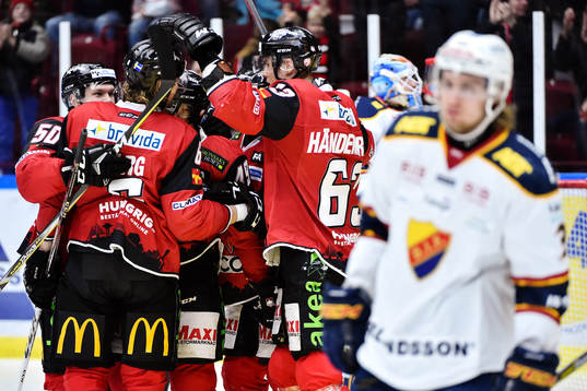 Malmö Redhawks Tobias Ekberg, Stefan Warg (målskytt) och