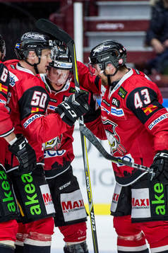 Malmö Redhawks Erik Forssell jublar med Tobias Ekberg och