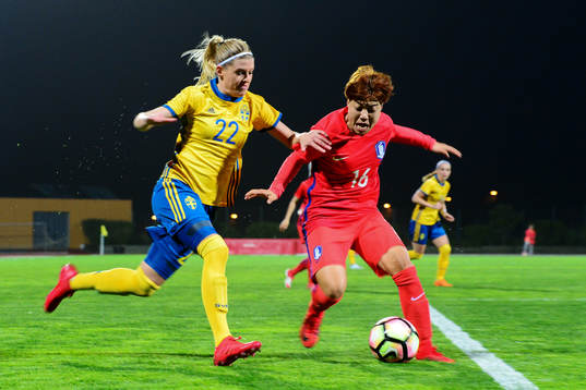 Sveriges Olivia Schough och Sydkoreas Han Chaerin i kamp om