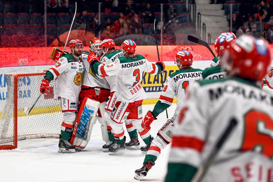 Moras målvakt Mattias Pettersson jublar med lagkamrater