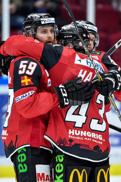 Malmö Redhawks Nichlas Hardt jublar med lagkamrater