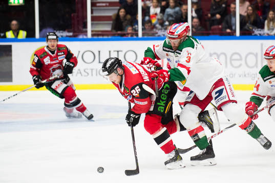 Malmö Redhawks Axel Wemmenborn trycks bakifrån från