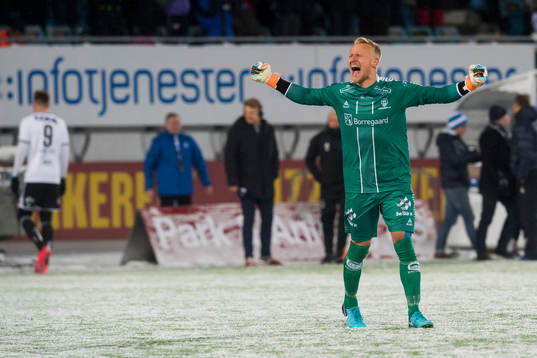Goalkeeper Aslak Falch celebrates