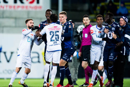 Aloiou Coly of Kristiansund and Sam Adekugbe of Vålerenga