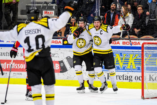 Brynäs Linus Ölund och Jacob Blomqvist jublar
