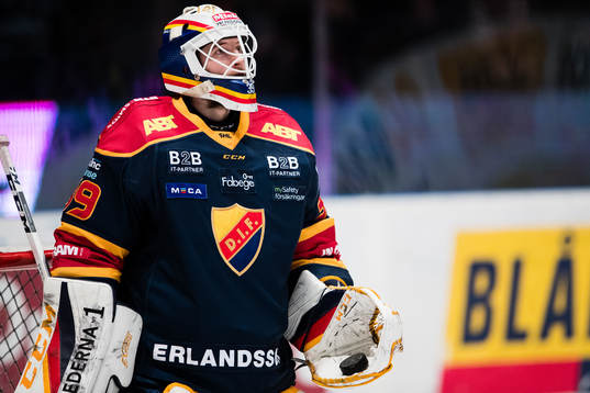 Djurgårdens målvakt Adam Reideborn med pucken i plocken