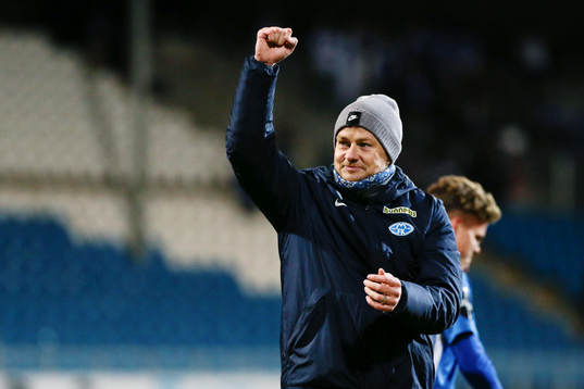 The manager of Molde, Ole Gunnar Solskjær celebrates at