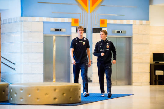 Kristoffer Ajer and Sigurd Rosted of Norway