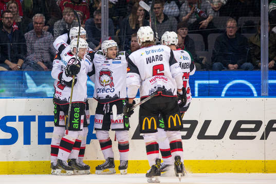 Malmö Redhawks Lars Bryggman jublar med lagkamrater