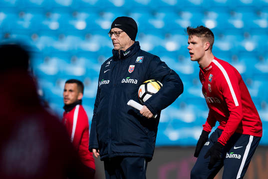 Lars Lagerbäck, head coach of Norway, and Kristoffer Ajer