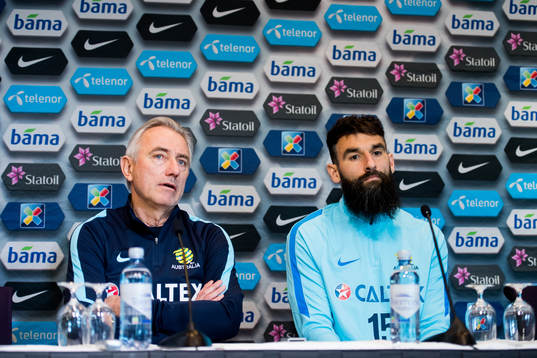 Bert van Marwijk, head coach of Australia, and Mile Jedinak
