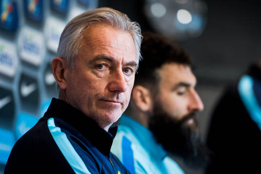 Bert van Marwijk, head coach of Australia, and Mile Jedinak