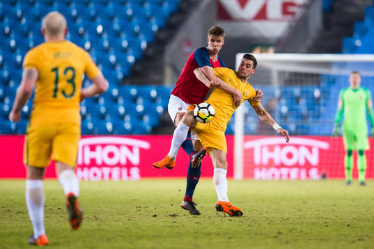 Kristoffer Ajer of Norway and Tomi Juric of Australia