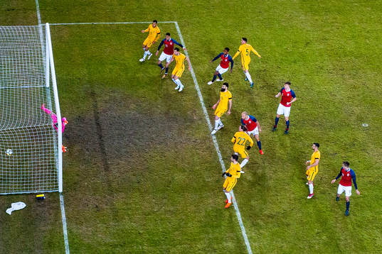Tore Reginiussen of Norway scores 2-1 behind goalkeeper Mat