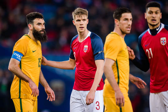 Mile Jedinak of Australia and Kristoffer Ajer of Norway