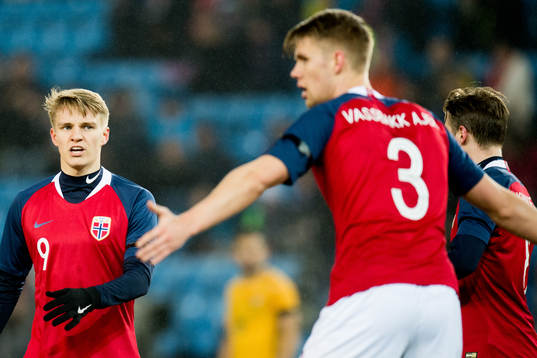 Martin Ødegaard of Norway and Kristoffer Ajer of Norway