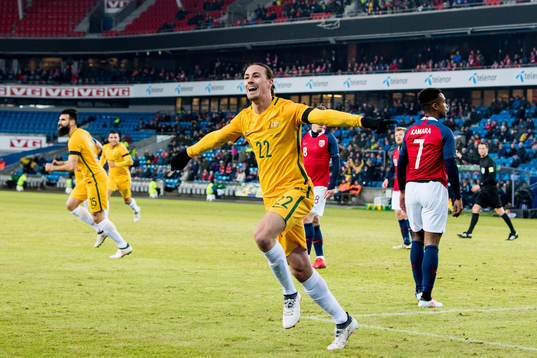 Jackson Irvine of Australia celebrates scoring 0-1
