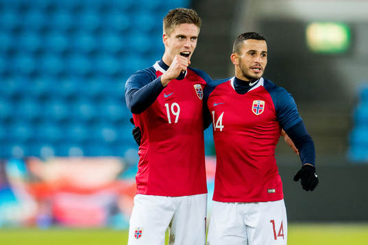 Markus Henriksen and Omar Elabdellaoui celebrate Norway