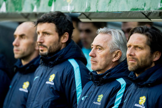 Bert van Marwijk, head coach of Australia, and Mark van