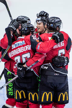 Malmö Redhawks Robin Alvarez i mitten jublar med