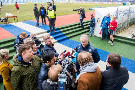 Lars Lagerbäck, head coach of Norway, is been interviewed