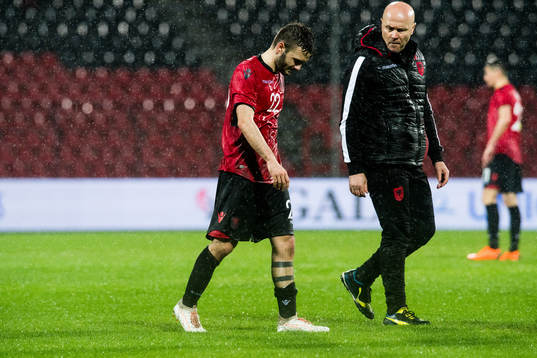 Kamer Qaka of Albania with an injury