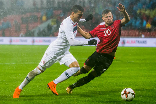 Mohamed Elyounoussi of Norway and Enis Gavazaj of Albania