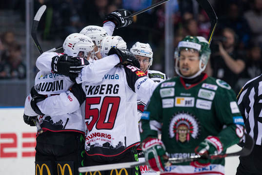 Malmö Redhawks Lukas Haudum jublar med lagkamrater
