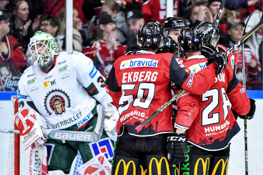 Malmö Redhawks Erik Forssell jublar med lagkamrater