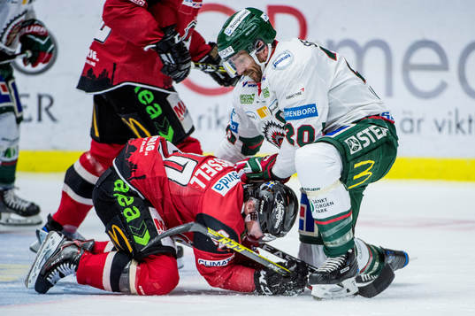 Frölundas Joel Lundqvist trycker till Malmö Redhawks Erik