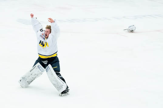 Målvakten Adam Åhman i HV71 jublar över guldet i  J20