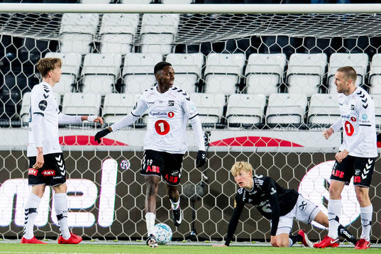 Birk Risa, Bilal Njie and Espen Ruud of Odd celebrate