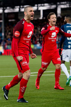 Azar Karadas of Brann celebrates 1-1