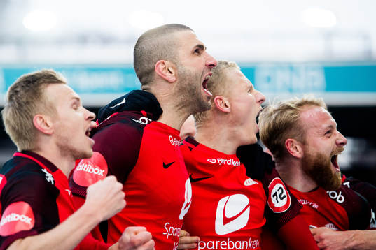 Azar Karadas and Kristoffer Barmen of Brann celebrate 1-1